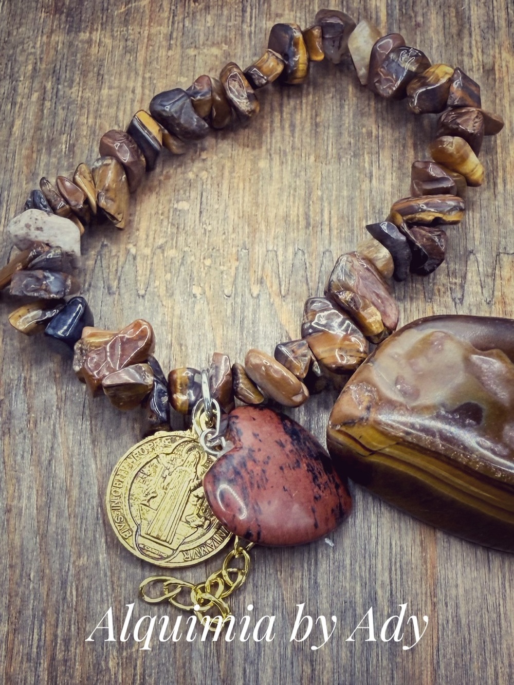 Mahogany Jasper Brown Tiger Eye Chip Bracelet  Heart  Gold Coin Charm